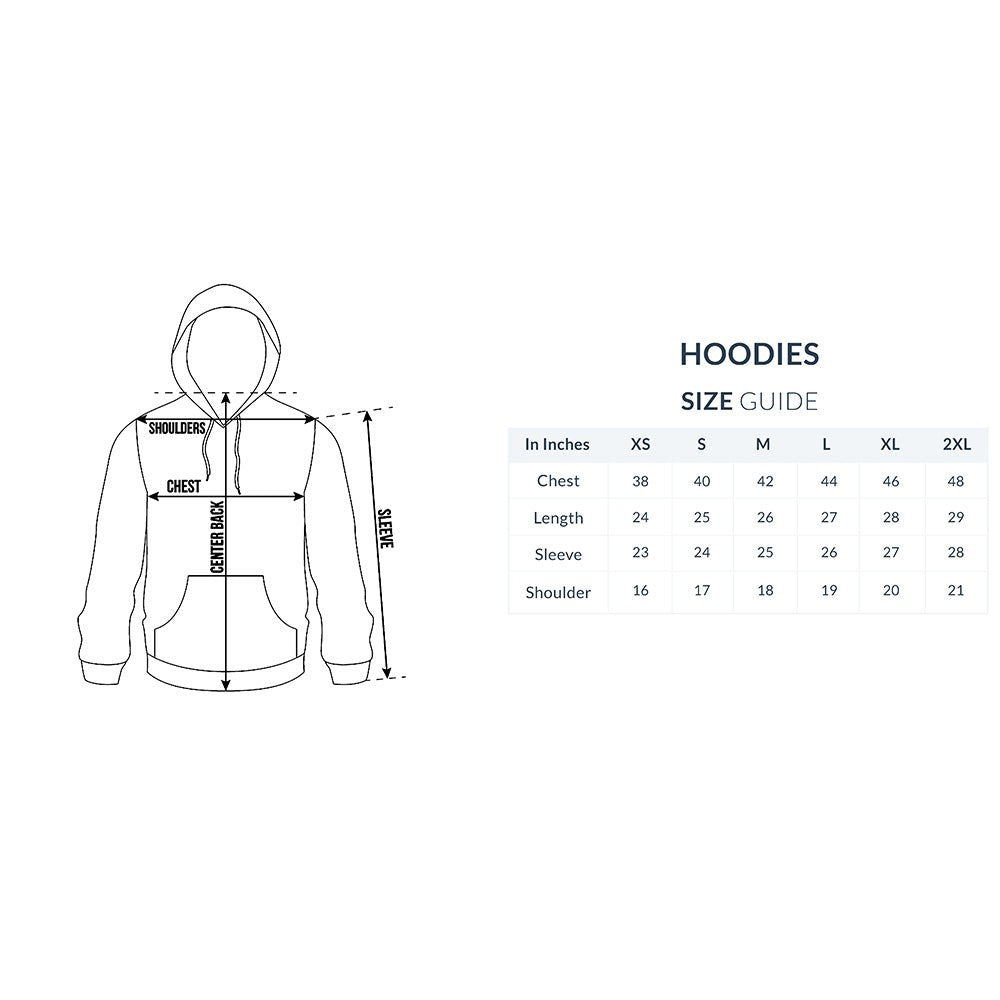 The Intelligentsia hoodies size guide with measurements for chest, length, sleeve, and shoulder in inches for sizes XS to 2XL.