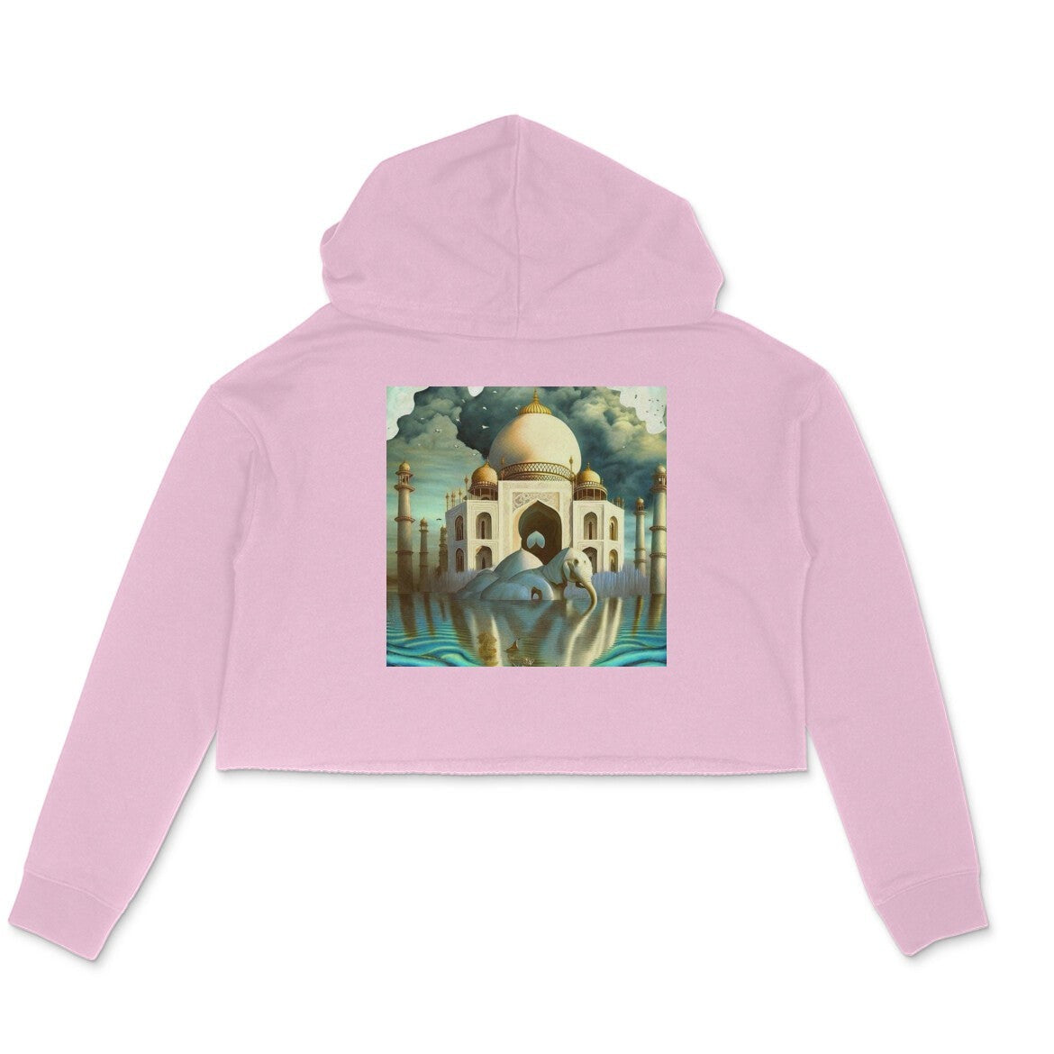 The Intelligentsia pink cropped hoodie with a surrealist Taj Mahal and elephant graphic print.