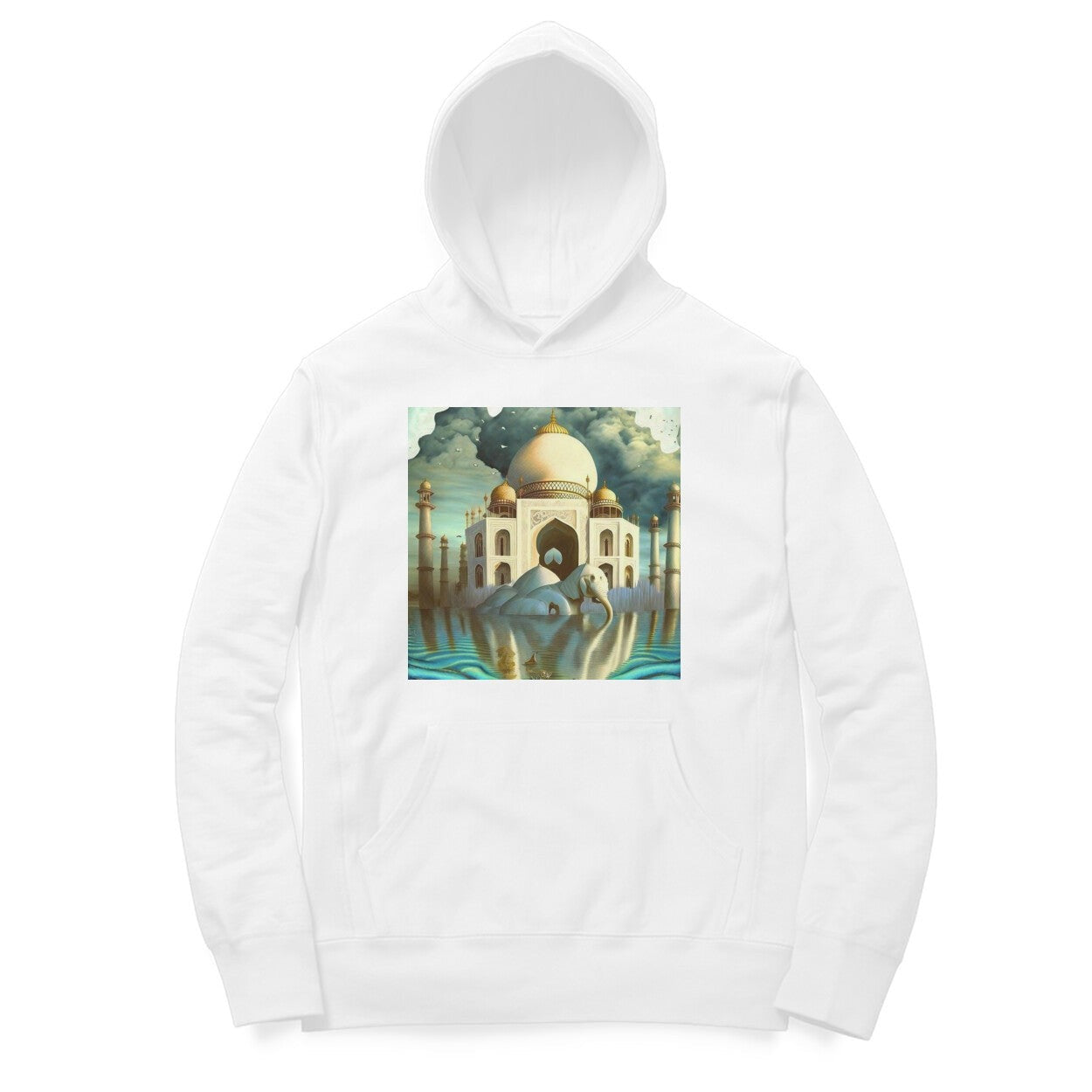 The Intelligentsia white cotton hoodie with a surrealist Taj Mahal graphic featuring an elephant in water.