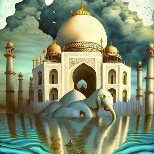The Intelligentsia's surrealist depiction of the Taj Mahal with a melting elephant in the foreground, set against a dramatic sky.