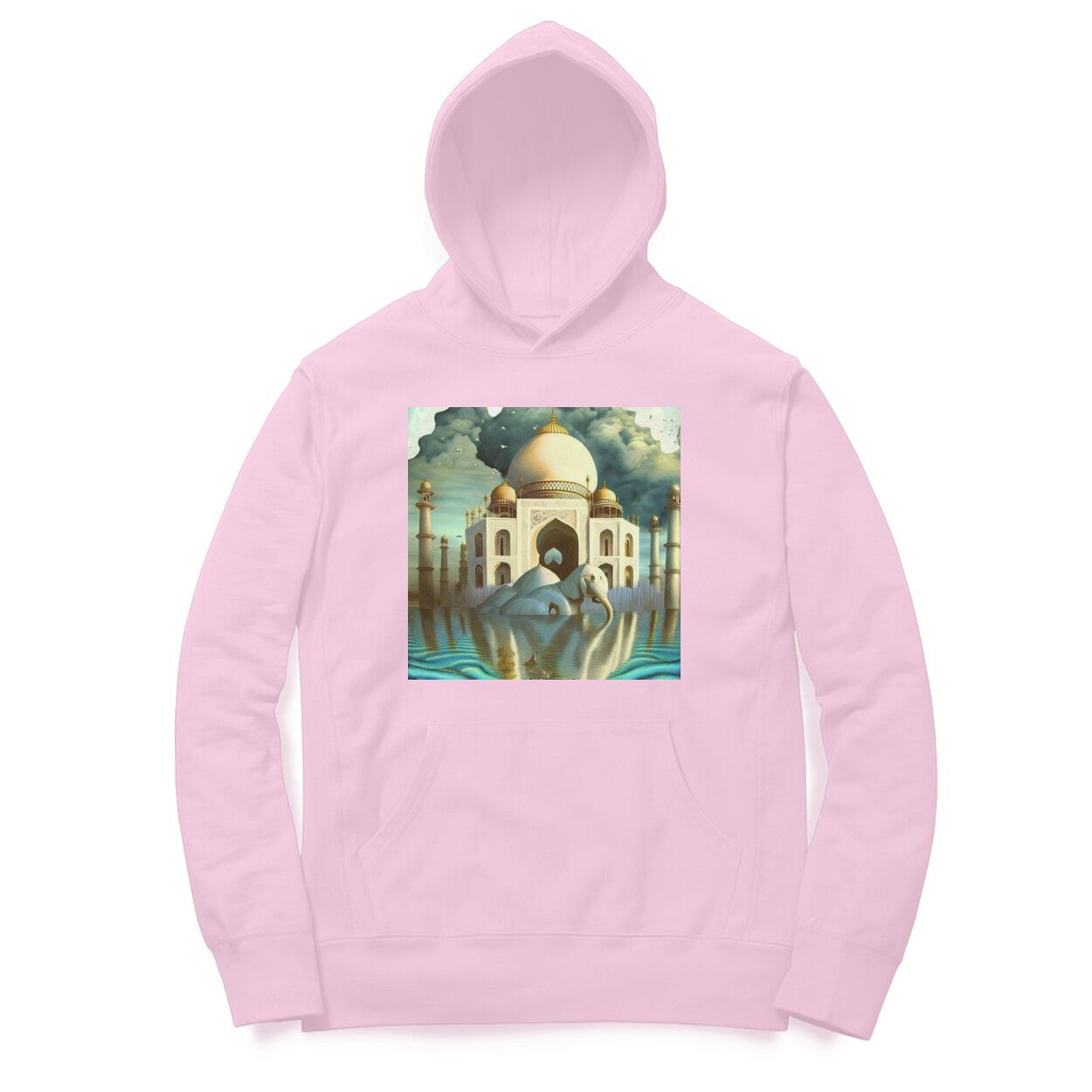 The Intelligentsia pink cotton hoodie with a surrealist Taj Mahal and elephant graphic print.