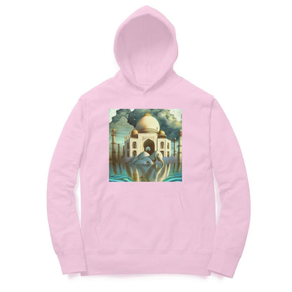 The Intelligentsia pink cotton hoodie with a surrealist Taj Mahal and elephant graphic print.