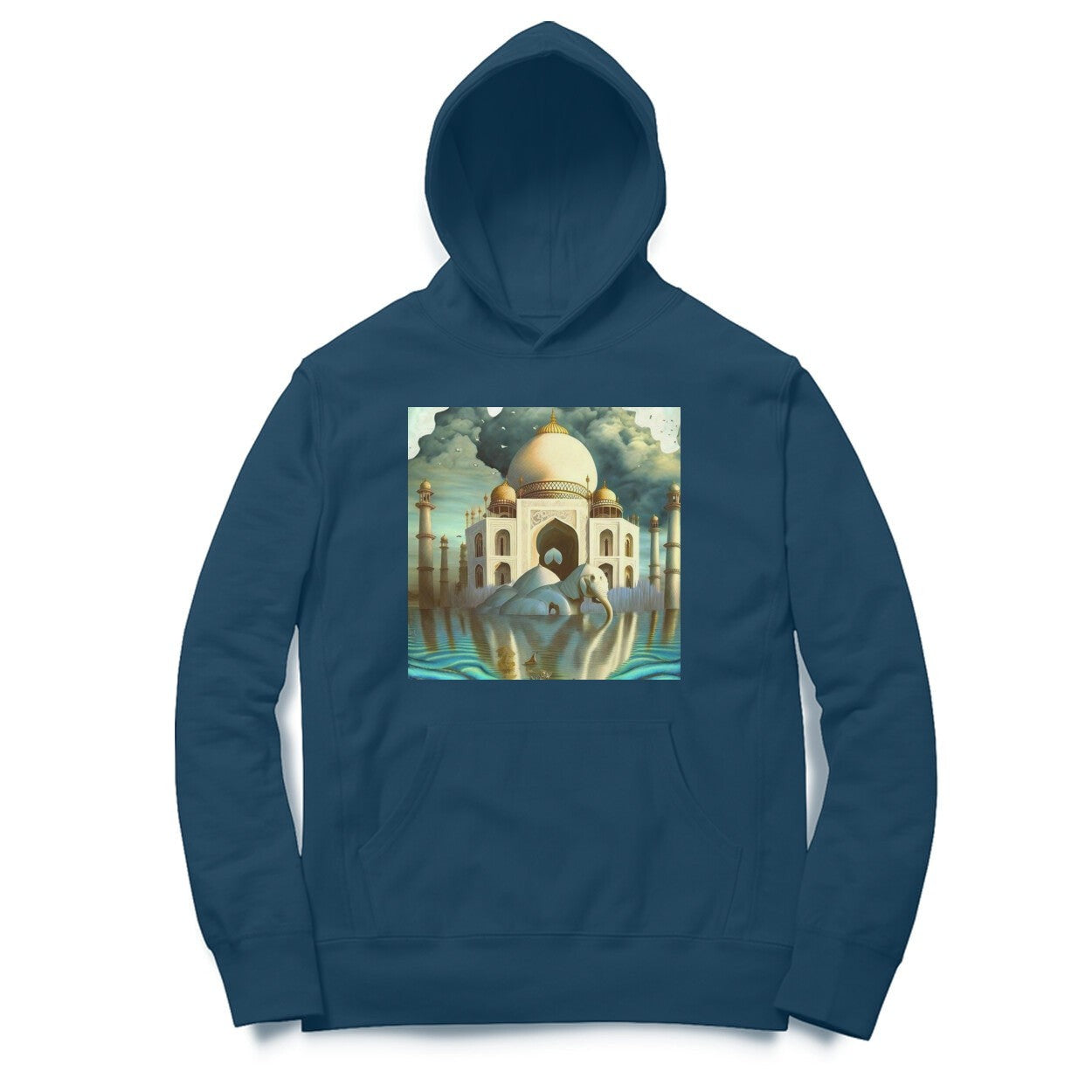The Intelligentsia Taj Mahal surrealist graphic hoodie. Features an elephant in water with the Taj Mahal in the background.