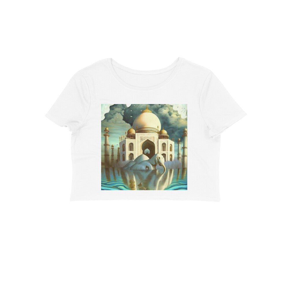 The Intelligentsia white crop top with a surrealist print of the Taj Mahal and an elephant in water.
