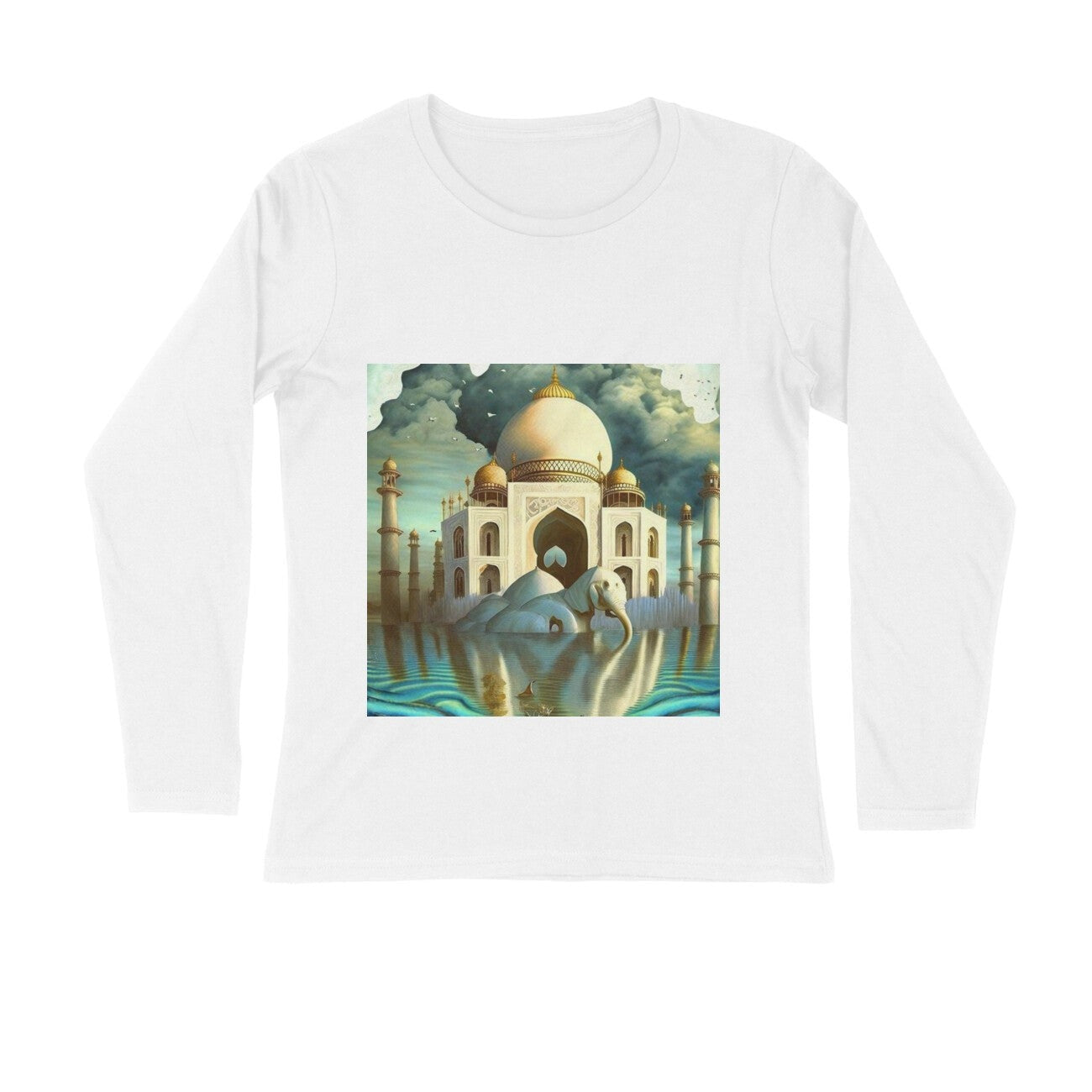 The Intelligentsia white long sleeve shirt featuring a surrealist depiction of the Taj Mahal with an elephant in water.