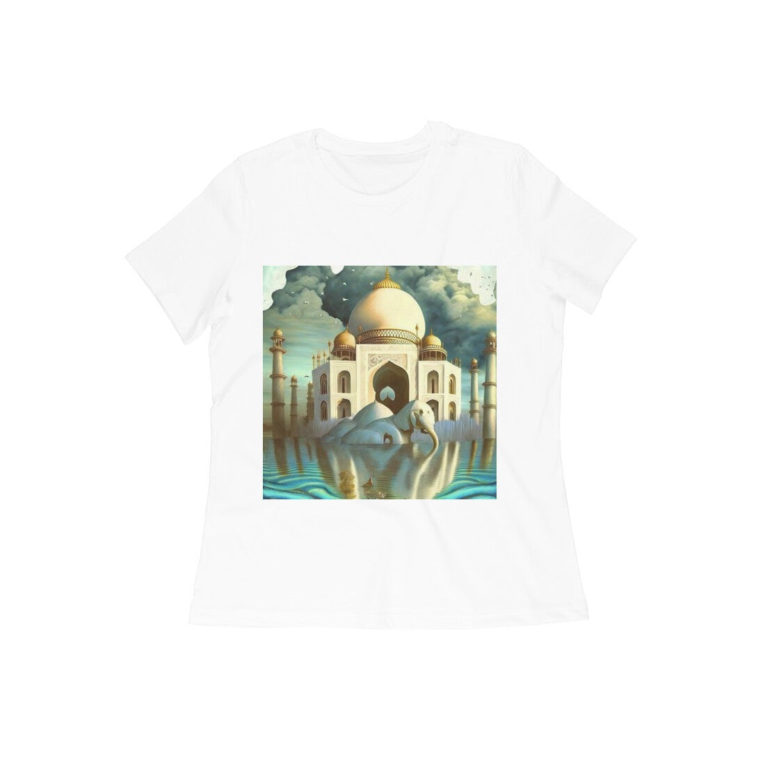 The Intelligentsia white t-shirt featuring a surrealist depiction of the Taj Mahal with an elephant in water.