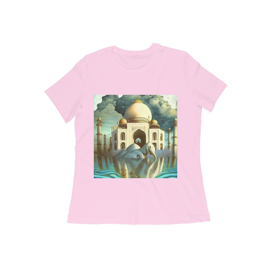 The Intelligentsia pink t-shirt featuring surrealist Taj Mahal with elephant in water, Salvador Dali style.