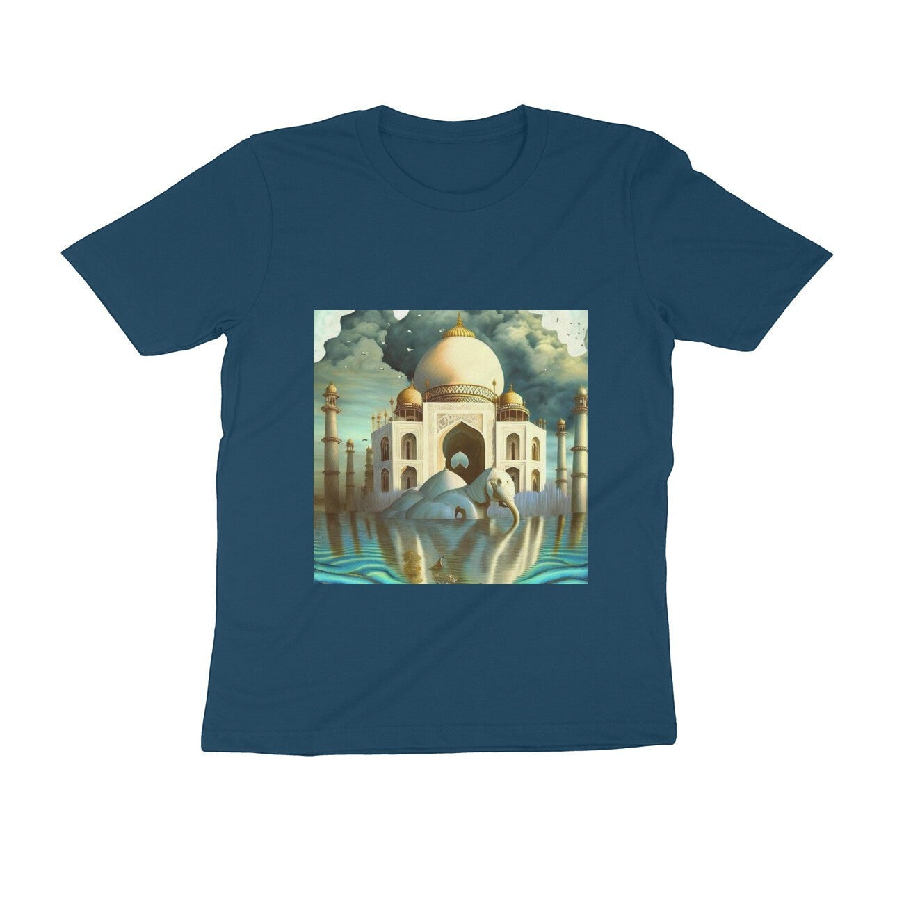 The Intelligentsia Taj Mahal surrealist t-shirt with an elephant in water and the iconic monument.