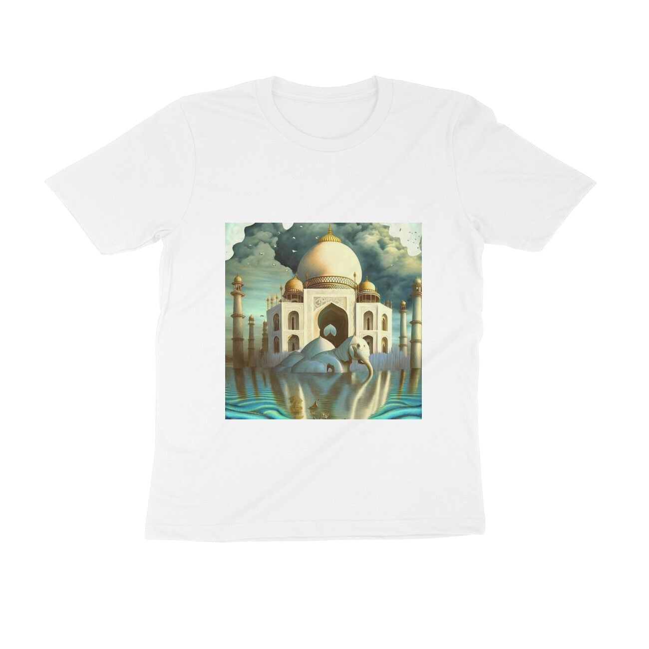 The Intelligentsia Taj Mahal surrealist art t-shirt with elephant and water.