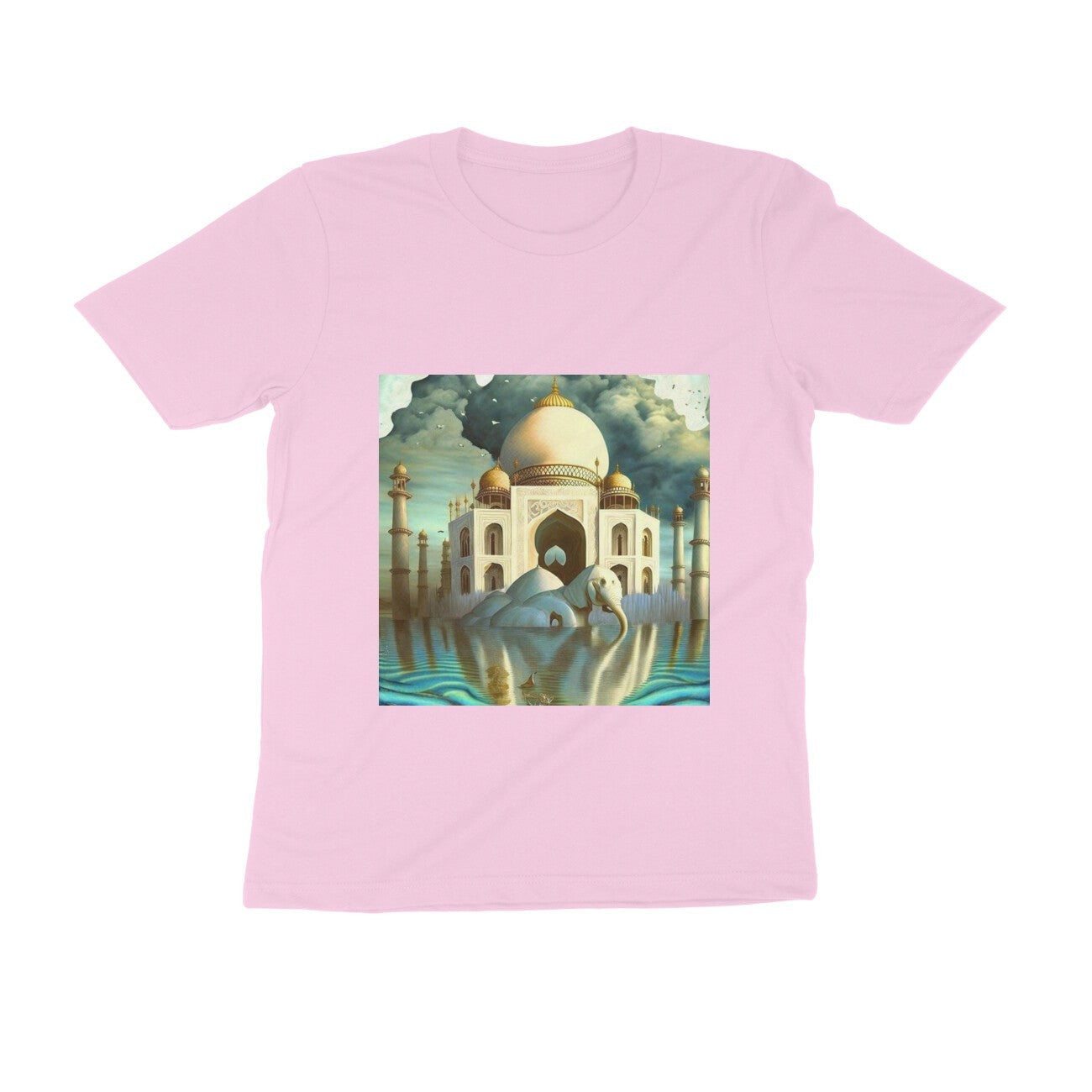 The Intelligentsia pink t-shirt with a surrealist print of the Taj Mahal and an elephant in water.