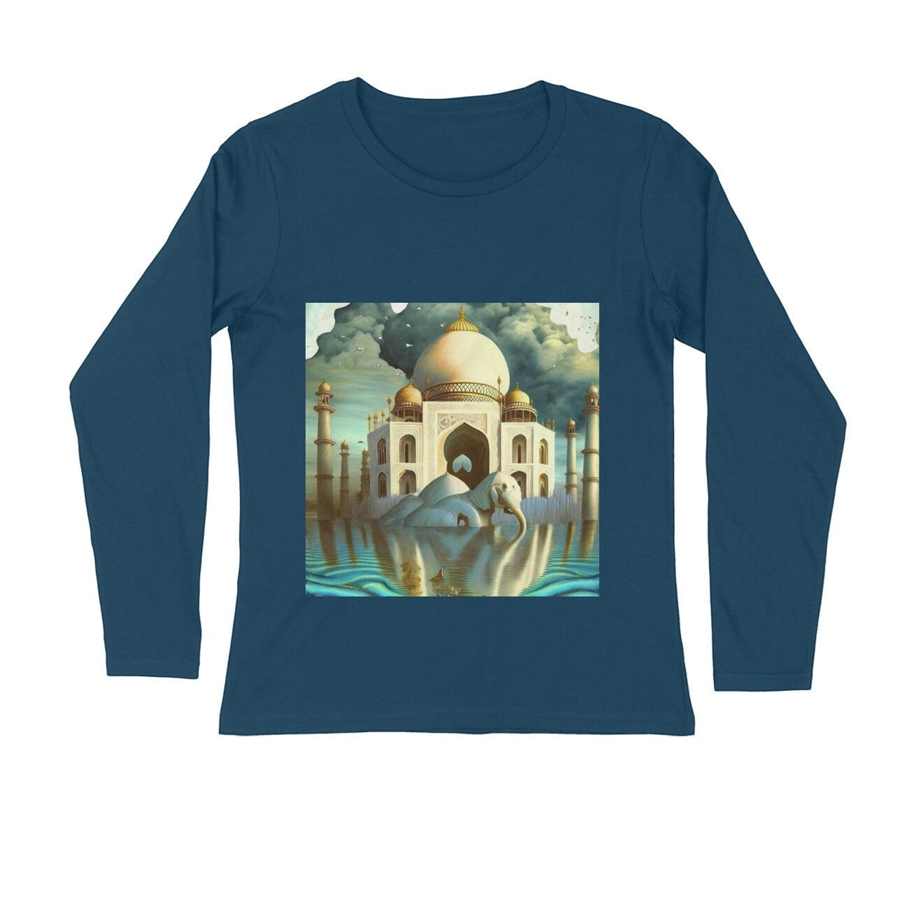 The Intelligentsia Taj Mahal surrealist art long sleeve t-shirt with elephant and water.